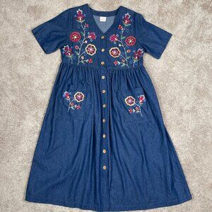 Bechamel Dress Women S Blue Denim Embroidered Floral Pocket Button Front Cottage
